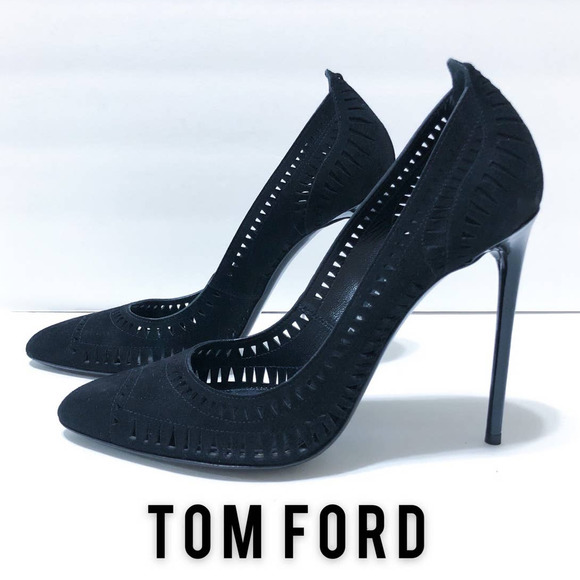 Tom Ford Black Suede Laser Cut Out Stiletto Pumps Heels Size 40.5 or US 10.5 - Picture 1 of 11